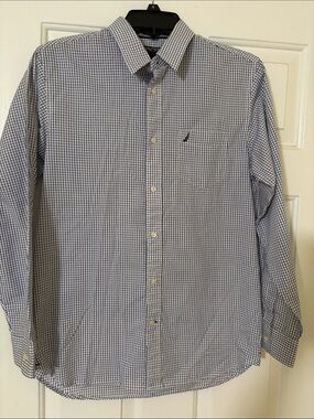 Nautica Navy and White Micro-Check Long Sleeve Button-Up Shirt